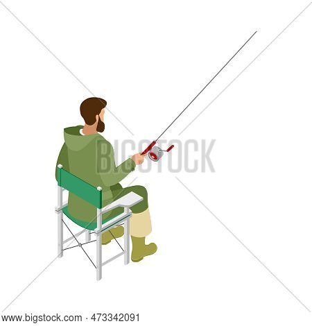 Isometric Fisherman With Spinning Sitting On Chair Back View 3d Vector Illustration