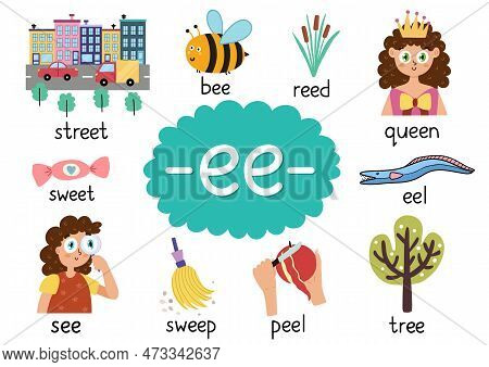 Ee Digraph With Words Educational Poster For Kids. Learning Phonics
