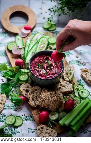 Beetroot Dip With Fresh Vegetables. Top  View..selective Focus