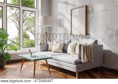 Cozy Living Room Interior In Room Corner; Sunlight Shining Trough Window; Floorlamp And Couch Table 