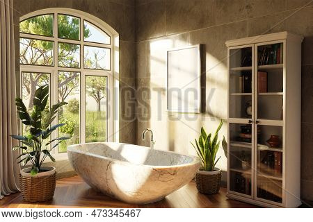 Freestanding Bath In Lightflooded Cozy Country House Bathroom; Minimalistic Interior Design With She