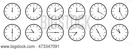 Horizontal Icon Set Of Analog Clock Telling Each Hour Isolated On White, Vector Illustration Eps10