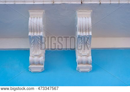Gypsum Facade Of Blue Building. Gypsum Facade Exterior. Gypsum Facade Of House. Photo Of Gypsum