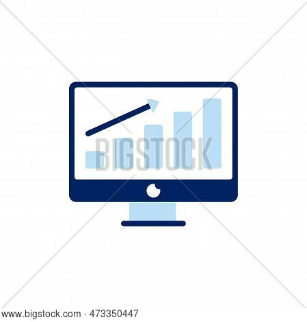Vector Icon Concept Of Monitor Screen With Barchart And Arrow Up For Growth. Can Be Used For Busines