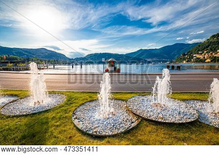 Town Of Como Waterfront Fountains View, Lombardy Region Of Italy