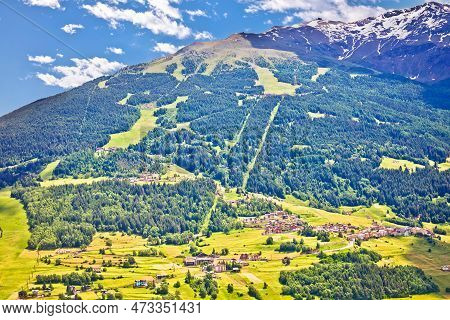 Town Of Bormio And Monte Vallecetta Mountain In Dolomites Alps View, Province Of Sondrio, Lombardy, 