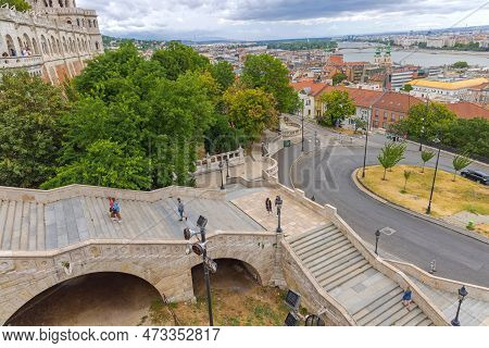 Budapest, Hungary - July 31, 2022: Few Tourists Visiting Fisherman Bastion By Schulek Staircase In F