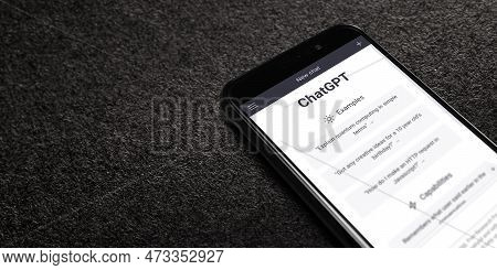 Website Of Chatgpt On Screen Smartphone On Black Textured Background. Moscow, Russia - March 22, 202
