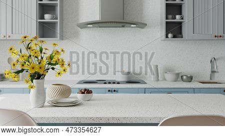 Blue Kitchen Interior With Island. Stylish Kitchen With White Countertops. Cozy Bright Kitchen With 