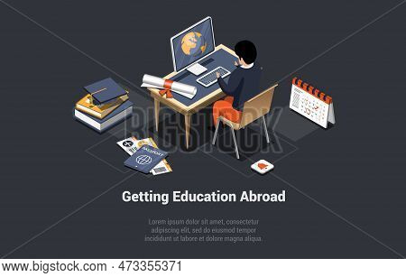 Education Abroad, Work And Travel Program Concept. Man Exchange Student In Front Of Computer Searcin