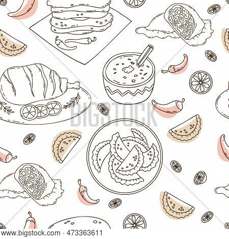 Seamless Pattern With Mexican Empanadas, Tortillas With Chili Peppers, Grilled Meat And Rice Pudding