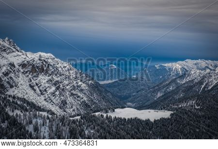 Skiing In Italy, Dolomites, Madonna Di Campiglio, Pinzolo. Cloudy Winter Day In January 2023