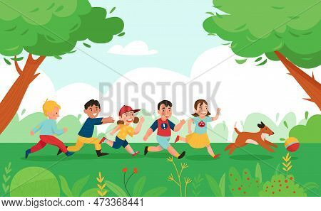 Summer Children Playing Activity Dog Composition Boys And Girls Running Around The Park Playing With