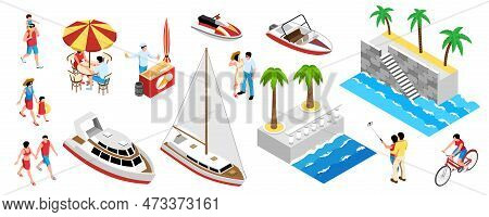 Isometric Vacation Sea Ship Promenade Set Of Isolated Boat Icons Human Characters Embankment Walk An