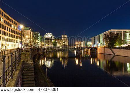 The German Chancellery Building In The Government District In Berlin At Night. The Paul Loebe House 