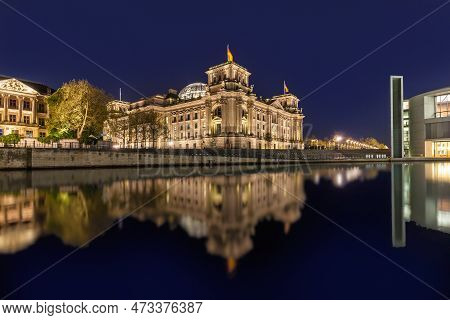 The German Chancellery Building In The Government District In Berlin At Night. The Paul Loebe House 