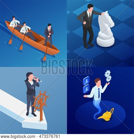 Leadership Infographic Design Concept With Isometric Views Of Business Persons Rowing Boat Flying Ji