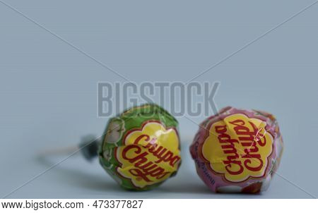 March 19, 2023 Ukraine City Kyiv Candies From The Chupa Chups Company On A Colored Background
