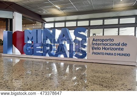 Confins, Minas Gerais, Brazil - January 11, 2023: Totem With The Words I Love Minas Gerais At The In