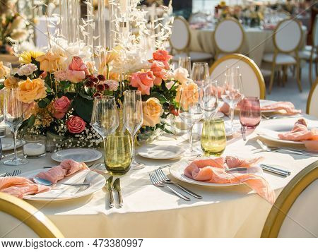 Wedding Banquet Concept. Chairs And Round Table For Guests, Served With Cutler And, Flowers And Croc