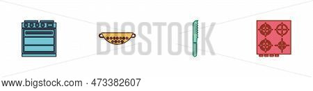 Set Oven, Kitchen Colander, Bread Knife And Gas Stove Icon. Vector