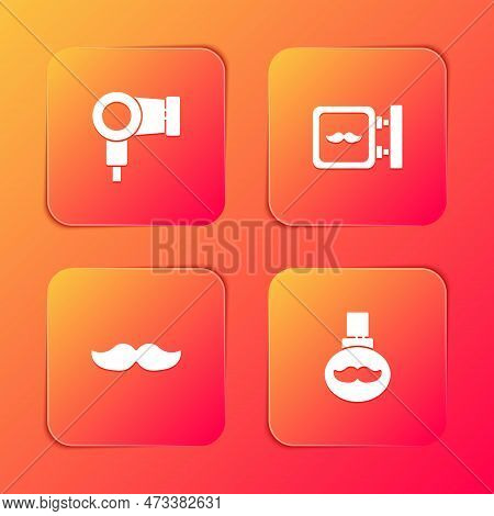 Set Hair Dryer, Barbershop, Mustache And Beard And Mustaches Care Oil Bottle Icon. Vector