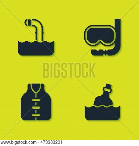 Set Periscope, Bottle With Message In Water, Life Jacket And Diving Mask And Snorkel Icon. Vector