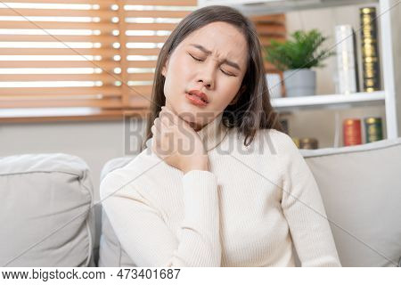 Body Muscles Stiff Problem, Asian Young Attractive Woman, Girl Pain With Neck Pain Ache From Work, H