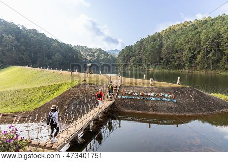 Pang Ung Is A Tourist Attraction In Mae Hong Son, Northern Thailand With Scenic Alpine Lake And Pine