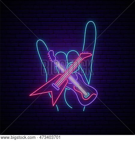 Neon Rock Music Sign. Glowing Rock Music Symbol On Brick Wall Background. Music Emblem. Vector Illus