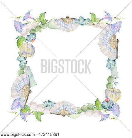 Watercolor Hand Drawn Traditional Japanese Sweets. Square Frame Of Summer Wagashi, Morning Glory. Is