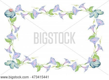 Watercolor Hand Drawn Traditional Japanese Sweets. Square Frame Of Summer Wagashi, Morning Glory. Is