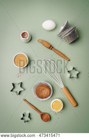Baking Or Cooking Colorful Background. Ingredients, Kitchen Items For Baking. Kitchen Utensils, Flou