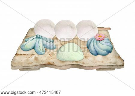 Watercolor Hand Drawn Traditional Japanese Sweets. Ceramic Dish, Summer Neri-kiri, Mochi, Objects. I