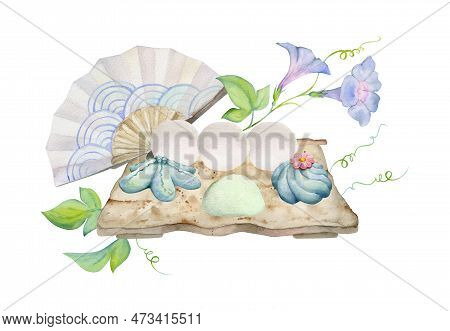 Watercolor Hand Drawn Traditional Japanese Sweets. Ceramic Dish, Summer Neri-kiri, Mochi, Objects. I