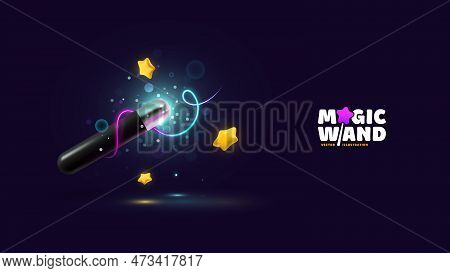 3d Vector Illustration Of Magic Wand With Magical Lightning, Sparkles And Stars Floating On Dark Bac