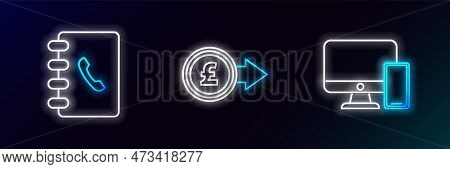 Set Line Computer Monitor And Mobile Phone, Address Book And Coin Money With Pound Sterling Symbol I