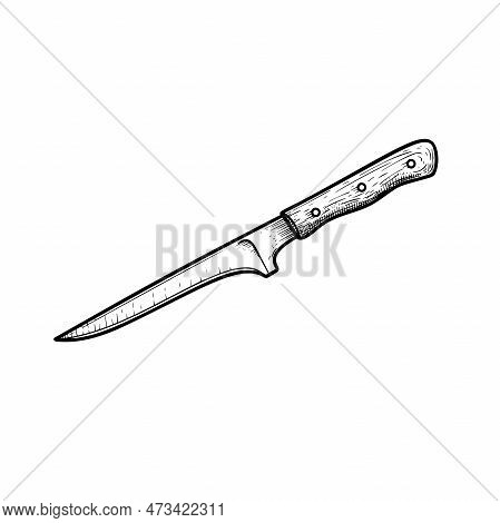 Boning Knife With Wooden Handle. Butcher And Kitchen Utensil. Chef's Tool. Hand Drawn Sketch Style D