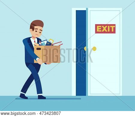 Fired Worker Leaves Office With Things In Cardboard Box. Sad Jobless Person, Unemployment Layoff Peo