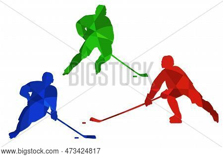Colorful Hockey Player Silhouettes. Isolated Vector Colored Images. Abstract Blue, Green And Red Vec