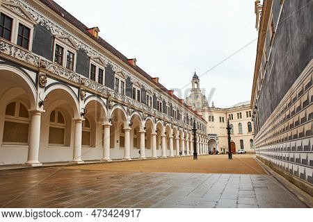 The Territory Of The Old Horse Yard. The Architecture Of The Building With A Colonnade Along The Ent