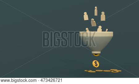 Figures Of People Fall Into A Funnel And Turn Into Coins. Sales Funnel. Money Funnel. Marketing And 