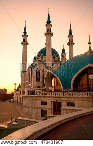 Kul Sharif Mosque At Sunset, Kazan, Tatarstan, Russia. Vertical View Of Kazan Kremlin, Landmark Of K