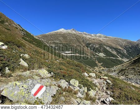 Alpine Mountaineering Signposts And Markings In The Mountainous Area Of The Albula Alps And Above Th