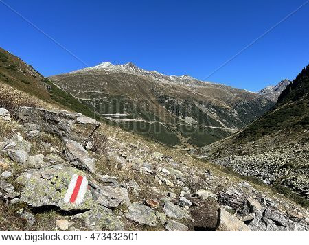 Alpine Mountaineering Signposts And Markings In The Mountainous Area Of The Albula Alps And Above Th