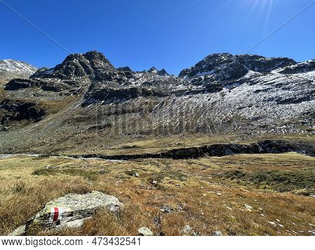 Alpine Mountaineering Signposts And Markings In The Mountainous Area Of The Albula Alps And Above Th