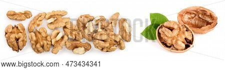 Peelled Walnuts Isolated On White Background With Copy Space For Your Text. Top View. Flat Lay