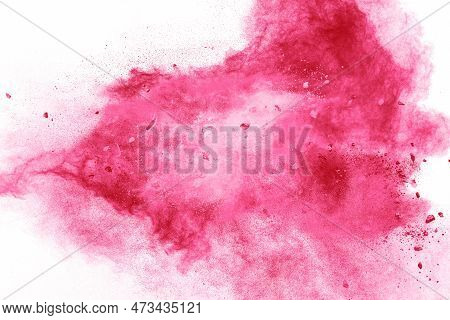 Split Debris Of Stone Exploding With Pink Powder Against White Background.