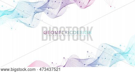 Digits Abstract Background With Connected Line And Dots, Wave Flow. Digital Neural Networks. Network