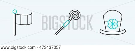 Set Line Leprechaun Hat And Four Leaf Clover, National Ireland Flag And Walking Stick Icon. Vector